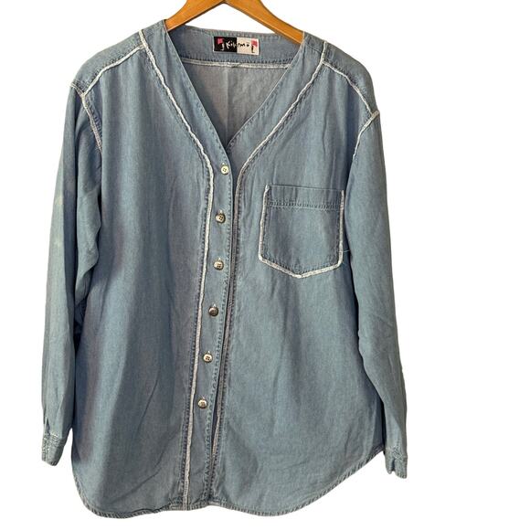 Kikomo Light Wash Denim 80's 90's Oversized Button Down Vintage Shirt - Picture 1 of 5